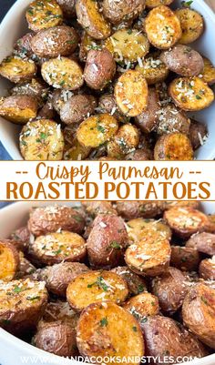 two pictures showing different types of roasted potatoes