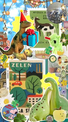 a collage of pictures with dinosaurs and other things in them, including balloons, clocks, lights, and decorations