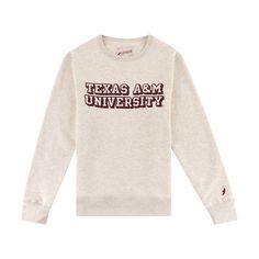 Oatmeal colored sweatshirt with Texas A&M University outlined in maroon. Aggie Pride, Patch Sweatshirt, Colorful Sweatshirt, Texas A M University, Vest Blazer, Plus Size Outerwear, Oatmeal Color, Texas A&m, Alma Mater