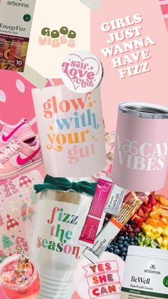 various items that are on top of a pink background with the words girls just wanna to have fun