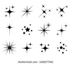 black and white stars on a white background, set of nine different shapes in the style of starbursts