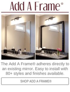 an ad for a bathroom with two mirrors and lights above the sinks in front of it