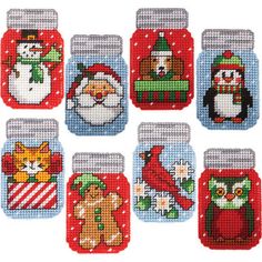 cross stitch christmas masons with santa claus, snowman, penguin and other animals