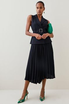 This Dress Is The Epitome Of Modern Elegance. Beautifully Tailored Using A Recycled Polyester Blend, The Piece Gently Defines Your Figure Using Expertly Placed Panelling And A Metal-Trimmed Waist-Cinching Belt. Forming The Appearance Of Sleek Separates, The Waistcoat-Style Bodice Is Layered Over A Pleated Skirt That Falls Gracefully At The Ankle. Finish With Monochrome Accessories For A Deniably Striking Occasionwear Look.Style: Midi Dressdesign: Plainfabric: Wovenlength: Midineckline: Collareds Elegant Belted Pleated Dress For Formal Occasions, Formal Fitted Pleated Dress With Belt, Formal Fitted Belted Pleated Dress, Spring Fitted Belted Dress With Pleated Waist, Formal Pleated Waist Belted Dress, Formal Fitted Belted Dress With Pleated Waist, Elegant Midi Dress With Pleated And Fitted Waist, Elegant Fitted Belted Dress With Pleated Waist, Elegant Fitted Belted Pleated Dress