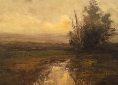 an oil painting of a river running through a field