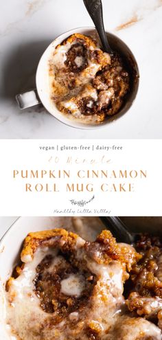 pumpkin cinnamon roll mug cake in a white bowl