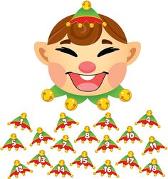 a cartoon elf with lots of gold bells around his neck and numbers on the bottom