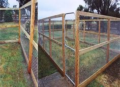 two pictures of a fenced in area with grass and dirt on the ground next to each other