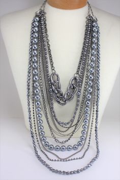 Multi Strand Gray Gunmetal Silver Chains Statement Necklace - Etsy Vintage Silver Layered Metal Necklace, Vintage Silver Metal Layered Necklace, Silver Chunky Multi-strand Necklace, Silver Multi-strand Chunky Chain Layered Necklace, Silver Multi-strand Pearl Chain Necklace, Silver Multi-strand Layered Necklace With Pearl Chain, Silver Multi-strand Layered Necklace With Beaded Chain, Silver Chunky Chain Multi-strand Layered Necklace, Silver Multi-strand Layered Necklace With Chunky Chain