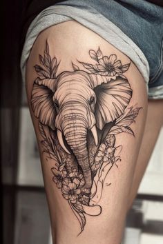 African Elephant Tattoos For Women, Elephant Leg Tattoo For Women, Ladies Tattoo Ideas, Tattoo Designs Animals, Arm Elephant Tattoo, Unique Leg Tattoos, Ladies Tattoos, Moms Tattoo, Watercolor Styles