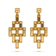 These earrings are constructed of rectangular hammered gold links in a chandelier silhouette with a geometric twist that is simultaneously edgy and elegant. Symbolizing the different pathways we choose to follow in life - each one fabulously unique - wear these as you travel along your daily adventures, from Monday meetings to Saturday date night. Metal Earrings With Rectangular Links, Elegant Rectangular Gold-tone Earrings, Elegant Gold-tone Rectangular Earrings, Elegant Hammered Gold Chandelier Earrings, Elegant Hammered Rectangular Earrings, Elegant Rectangular Hammered Earrings, Elegant Gold Hammered Chandelier Earrings, Rectangular Gold Evening Earrings, Gold Rectangular Evening Earrings