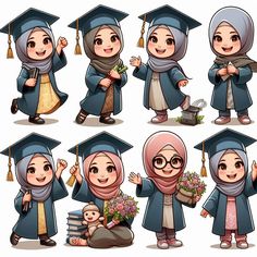 a set of cartoon characters in graduation caps and gowns with flowers, holding books