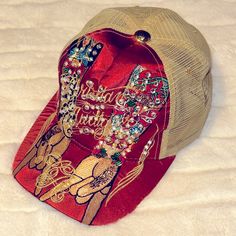 Nwot Unisex Christian Audigier Hat. “Bedazzled” “Jewel-Encrusted”. Tried On A Handful Of Times, Never Worn Out. 2008? Great Condition. Only Wear Is From Moving 6 Or 8 Times Since Then. Adjustable Embroidered Party Hat, Jewel Encrusted, Christian Audigier, Red Gold, Audi, Man Shop, Hats, Red, Gold