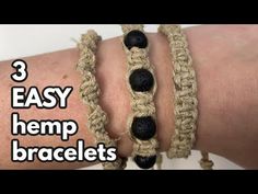 three easy hemp bracelets with black beads on the wrist and one is made out of