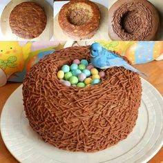 there is a chocolate cake with candy in the shape of a bird's nest