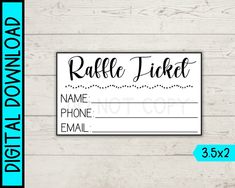 the raffle ticket is shown on top of a white wooden table with blue border