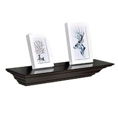 two framed pictures sitting on top of a shelf