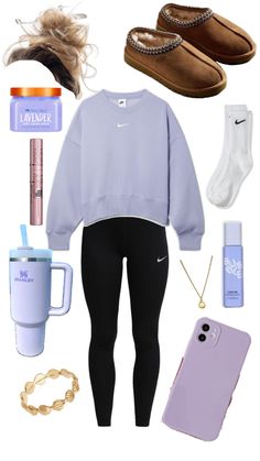 a woman's outfit with shoes, coffee cup and cell phone