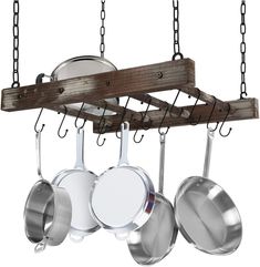 pots and pans hanging from a wooden rack