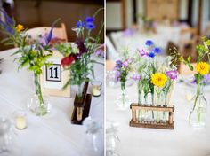 two pictures of flowers in vases on a table with candles and wine glasses, one is empty