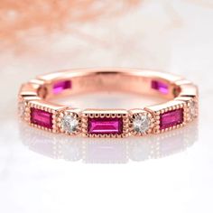 Ari Vintage Ruby Band 14K Rose Gold Vermeil Genuine Ruby - Etsy Stacked Wedding Bands, Ruby Bands, Popular Engagement Rings, Mohs Scale, Ring Birthstone, Creating Jewelry, Vermeil Jewelry, Wedding Ring Designs, Solid Gold Jewelry