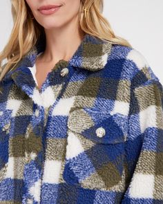 This sherpa jacket is loaded with cozy vibes! Boxy fit with a button-up front, two chest pockets and a plaid pattern that adds a touch of rugged comfort to your cold-weather ensemble. Made of snuggly sherpa with a soft knit lining. | Yukon Sherpa Jacket for Women by Herizon from Wantable Cozy Fall Shacket For Cold Weather, Winter Shacket With Button Closure For Cold Weather, Winter Fleece-lined Shacket For Cold Weather, Winter Shacket With Fleece Lining For Cold Weather, Casual Sherpa Fleece Jacket With Faux Fur Lining, Casual Plaid Fleece Jacket With Pockets, Plaid Fleece Jacket With Pockets For Fall, Casual Fleece-lined Shacket For Cold Weather, Casual Shacket With Fleece Lining For Cold Weather