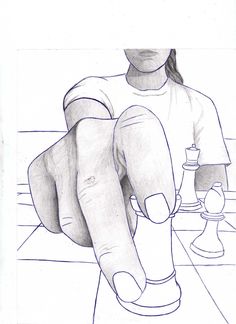 a drawing of a person with their hand on a chess board