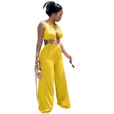 Cut Out Halter Neck Sleeveless Wide Leg Jumpsuit Wide Leg Jumpsuit, 1 Million, Halter Neck, Cut Out, Wide Leg, Jumpsuit