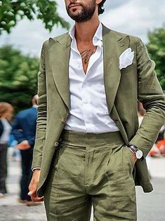 Men's Wedding Linen Suits 2 Piece Solid Colored Summer Suits Tailored Fit Single Breasted Two-buttons 2023 Beige 2023 - US $79.99 Summer Wedding Suits, Suit For Wedding, Clothing Business, Male Clothing, Linen Suits