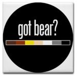 a button with the words got bear? in white and orange on it, against a black background