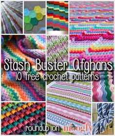 the cover of stash buster afghans 10 free crochet patterns, including