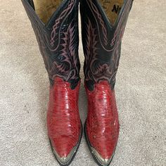 Tony Lama Pre-Owned Men's Cowboy Boots, Size 7 1/2. Leather And Python With Sterling Silver Toe And Heel Cap. Gently Worn Condition. Exterior Looks Gently Worn. Interior Has Name Written Inside Over The Size. These Boots Are As Seen In Photographs. I Do Not See Any Flaws On Exterior. Feel Free To Ask Questions Or Request Additional Photos. Red Boots With Reinforced Snip Toe, Red Moc Toe Boots With Reinforced Toe, Red Snip Toe Boots For Western-themed Events, Red Work Boots With Reinforced Snip Toe, Tony Lama, Mens Cowboy, Mens Cowboy Boots, Leather Cowboy Boots, Heel Caps