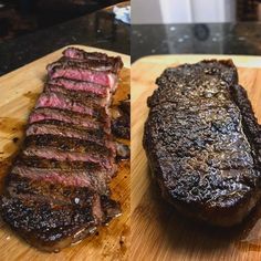 two pieces of steak sitting on top of a wooden cutting board next to each other