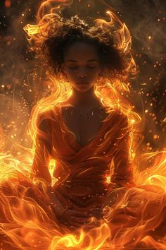 a woman sitting in the middle of flames