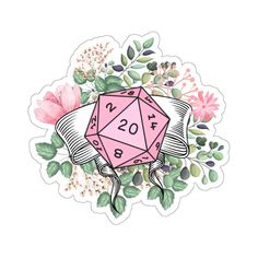 a pink d20 die surrounded by flowers