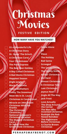 a red christmas movie list with candy canes on the bottom and words below it