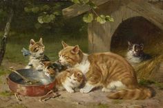 a painting of cats eating out of a pan on the ground next to another cat