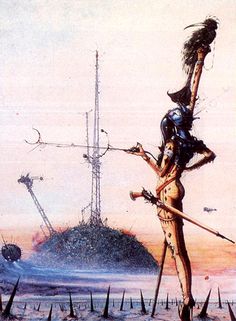 a painting of a woman standing on stilts in front of an island with ships