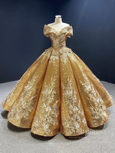 Off the Shoulder Gold Floral Quinceañera Dresses 66536C viniodress – Viniodress Beauty And The Beast Quince, Gold Ball Gown, Themed Bedrooms, Beauty And The Beast Theme, Prom Inspo, Gold Gown, Quince Dress, Sweet 16 Dresses, Vestidos Prom