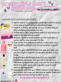 #femininehygiene #hygiene #skincare #showeressentials #hygienemusthaves #girlhood #bodycareroutine #showerroutine #femininity #smellgoodallday #smelllikevanilla Hygienic Tips For Women, Personal Hygiene Shopping List, Baddie Hygiene Products, Self Care Tips Hygiene, Feminine Hygiene Care, Hygiene Tips Feminine Smell, Good Hygiene For Women Tips, Best Hygiene Products For Women, Hygiene Essentials List