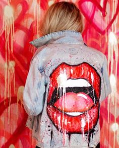 Distressed denim jacket with hand painted lips motif with mixed media elements by Jessica K. Haas. Jacket fits true to size Customised Denim Jacket, Diy Denim Jacket, Painted Clothes Diy, Custom Denim Jacket, Hand Painted Denim Jacket, Denim Art