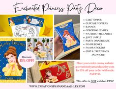 an advertisement for the beauty and the beast birthday party with pictures of princesses on it