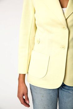 "Wear this bright yellow blazer this season over your favorite bottoms. Estimate Size: S Wool Blend Brand: Koret of California Length: 25\" Bust: 33\" Waist: 31\" Shoulder: 14\"" Spring Sport Coat With Lapel Collar, Tailored Buttoned Blazer For Spring, Tailored Blazer With Buttons For Spring, Spring Workwear Sport Coat Button-up, Tailored Spring Blazer, Spring Button-up Sport Coat For Workwear, Tailored Spring Blazer With Button Closure, Spring Workwear Sport Coat With Single Button, Spring Sport Coat With Button Closure