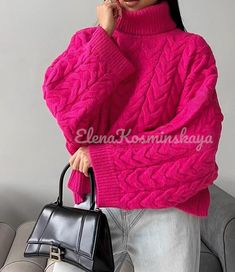 Hot pink cable knit pattern oversized turtleneck pullover that will keep you warm and cozy in any weather! Our loose fit sweater is knitted from a soft blend of wool and acrylic yarn, cable knit makes an excellent accent to the image and an excellent combination with various bottoms: trousers, jeans, a skirt or a dress. The pullover will complement both a casual look for every day and for special occasions and will be a great gift idea for loved ones.    DETAILS  - hot pink  - 50 % wool, 50 % co Loose Fit Sweater, Braid Patterns, Turtleneck Pullover, Oversized Turtleneck, Trousers Jeans, Warm Sweaters, Jeans Rock, Knit Pattern, Knit Jumper