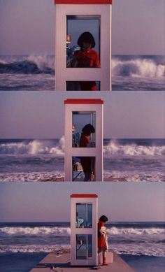 three different shots of people looking out the window at the ocean and on the beach