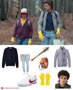 two people wearing yellow gloves and jackets in the woods