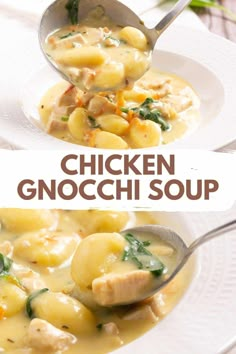 chicken gnocchi soup with spinach and cheese in a white bowl