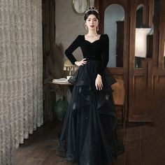 Long black ruffled prom dress with long sleeves adl119. Click to shop now. Free stable shipping world-wide! Dress Modest Classy, Ruffled Prom Dress, Prom Dress With Long Sleeves, Prom Dress Modest, Modest Classy, Ruffle Prom Dress, Gothic Glam, Wedding Dress Store, Wedding Dress Patterns