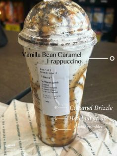 an iced coffee cup with the label vanilla bean caramel frappuccino