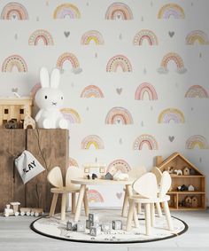 a child's room with rainbow wallpaper and wooden toys on the floor in front of it